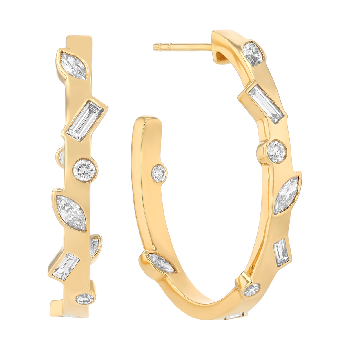 Bezel Set Mixed Shape Diamond In & Out Oval Hoop Earrings in Yellow Gold