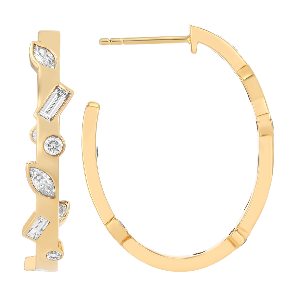 Bezel Set Mixed Shape Diamond In & Out Oval Hoop Earrings in Yellow Gold