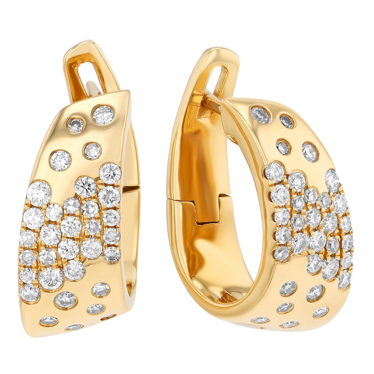 Flush Set Diamond Scatter Angled Hoop Earrings in Yellow Gold