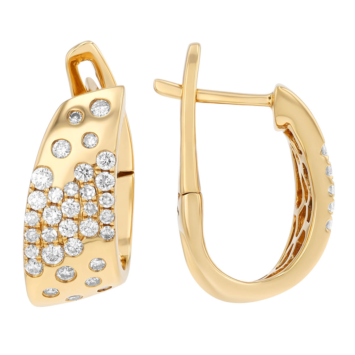 Flush Set Diamond Scatter Angled Hoop Earrings in Yellow Gold