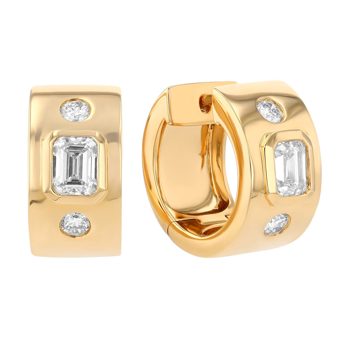 Flush Set Mixed Shape Diamond Huggie Hoop Earrings in Yellow Gold
