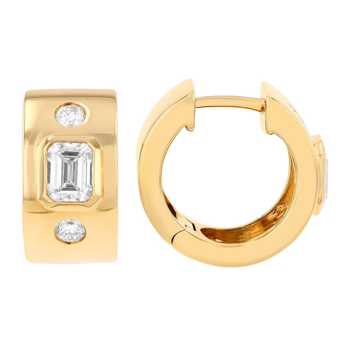 Flush Set Mixed Shape Diamond Huggie Hoop Earrings in Yellow Gold