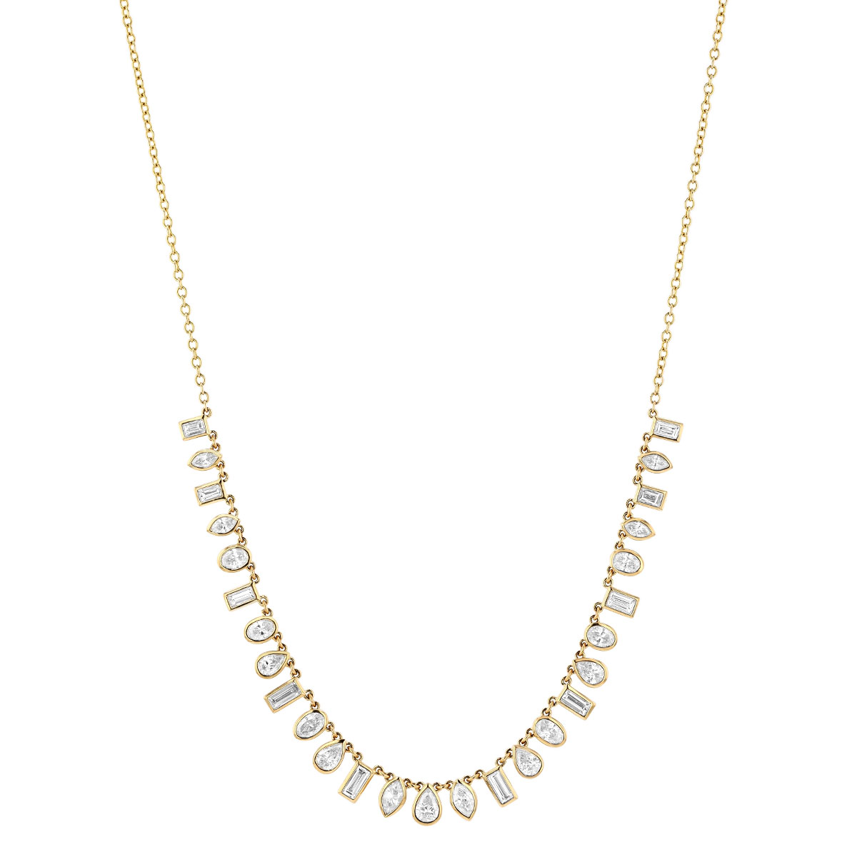 Bezel Set Mixed Shape Diamond Drop Station Necklace in Yellow Gold, 18