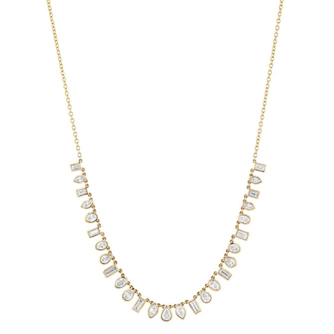 Bezel Set Mixed Shape Diamond Drop Station Necklace in Yellow Gold, 18"