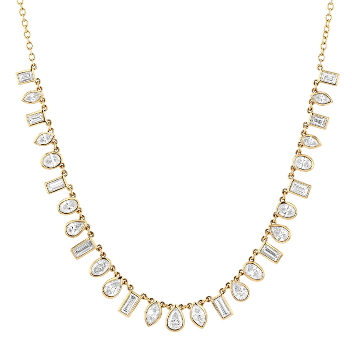 Bezel Set Mixed Shape Diamond Drop Station Necklace in Yellow Gold, 18