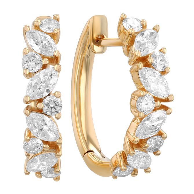 Mixed Diamond Shape Huggie Hoop Earrings in Yellow Gold