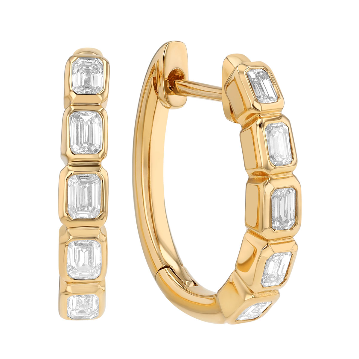 Bezel Set Emerald Cut Diamond Huggie Hoop Earrings in Yellow Gold