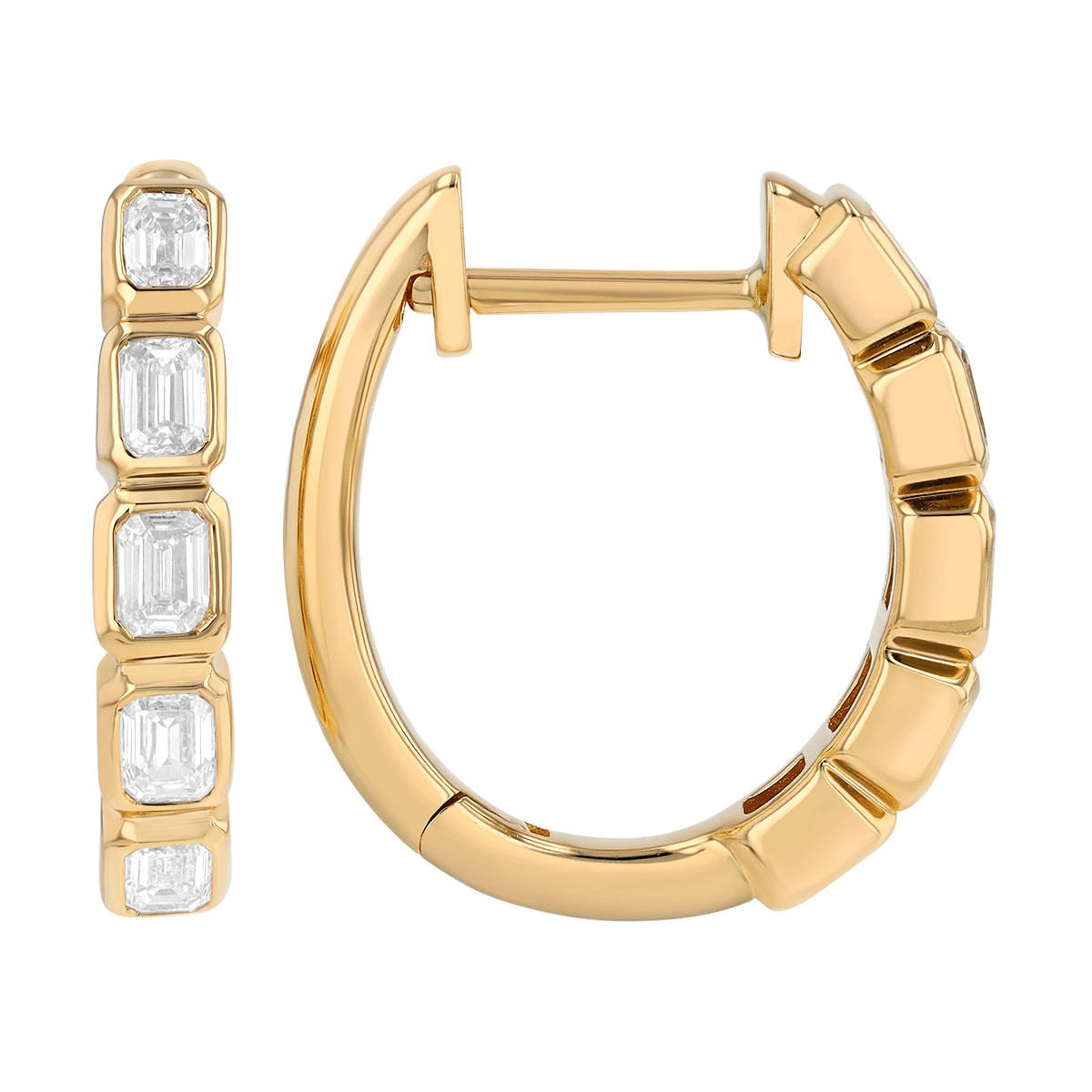 Bezel Set Emerald Cut Diamond Huggie Hoop Earrings in Yellow Gold