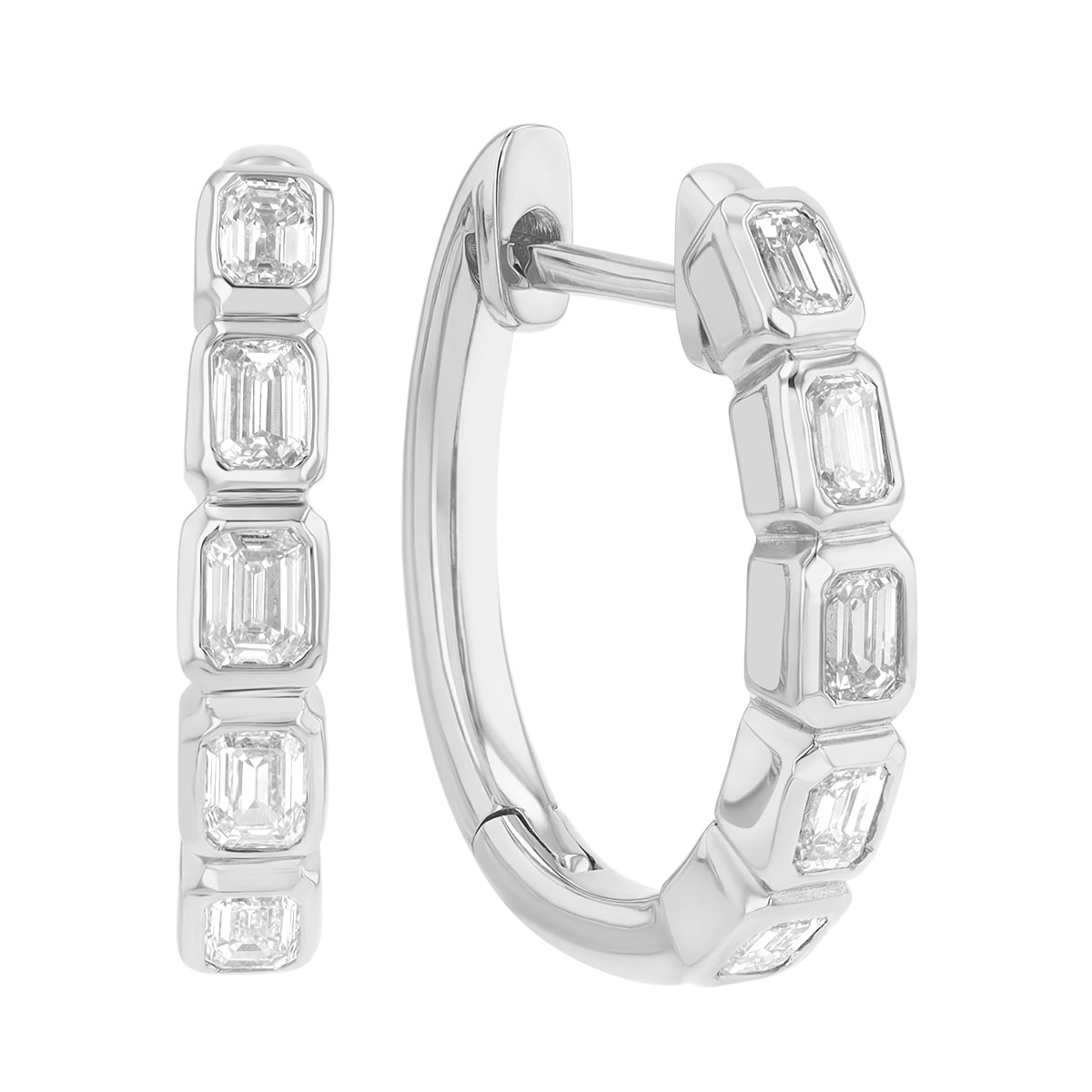 Bezel Set Emerald Cut Diamond Huggie Hoop Earrings in White Gold
