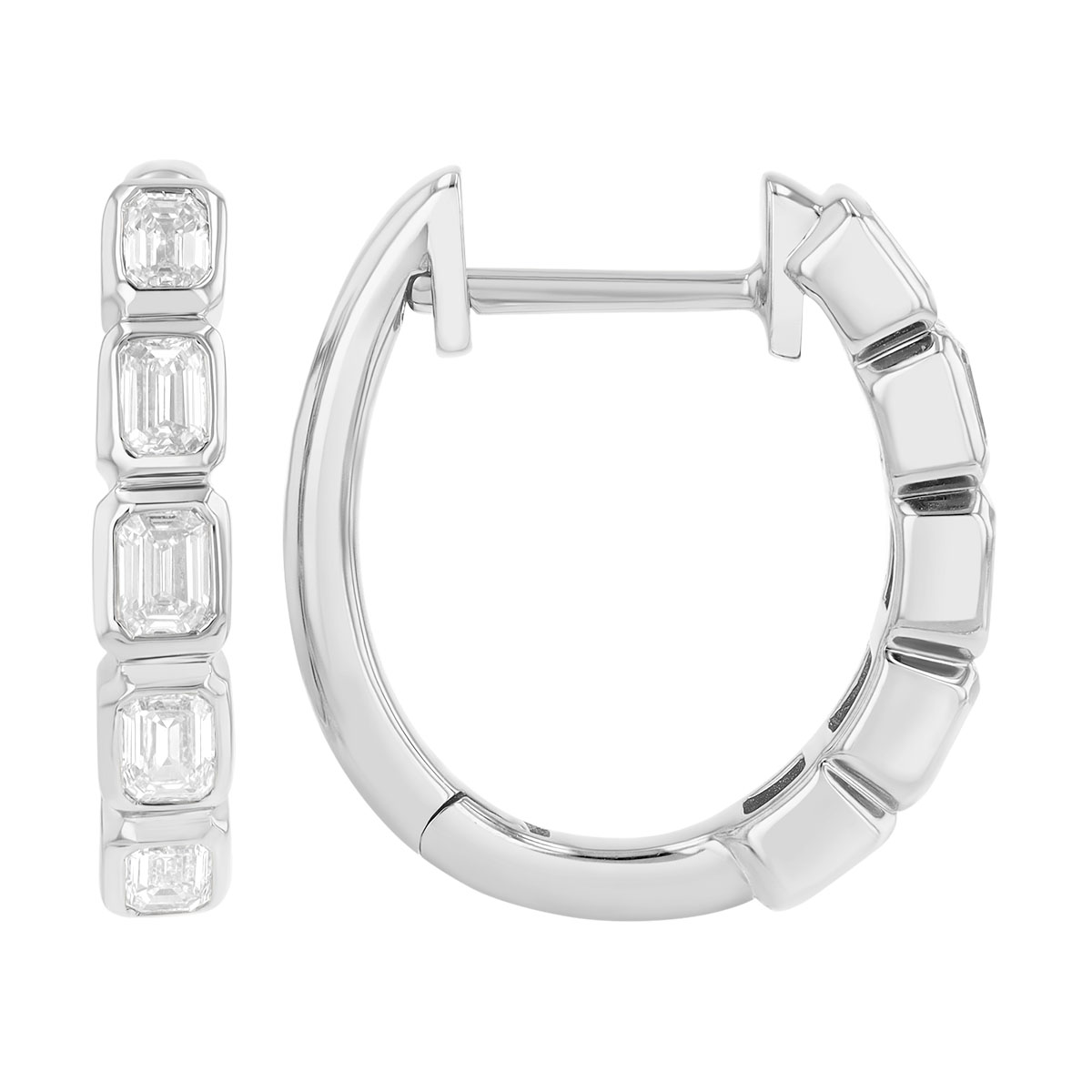 Bezel Set Emerald Cut Diamond Huggie Hoop Earrings in White Gold