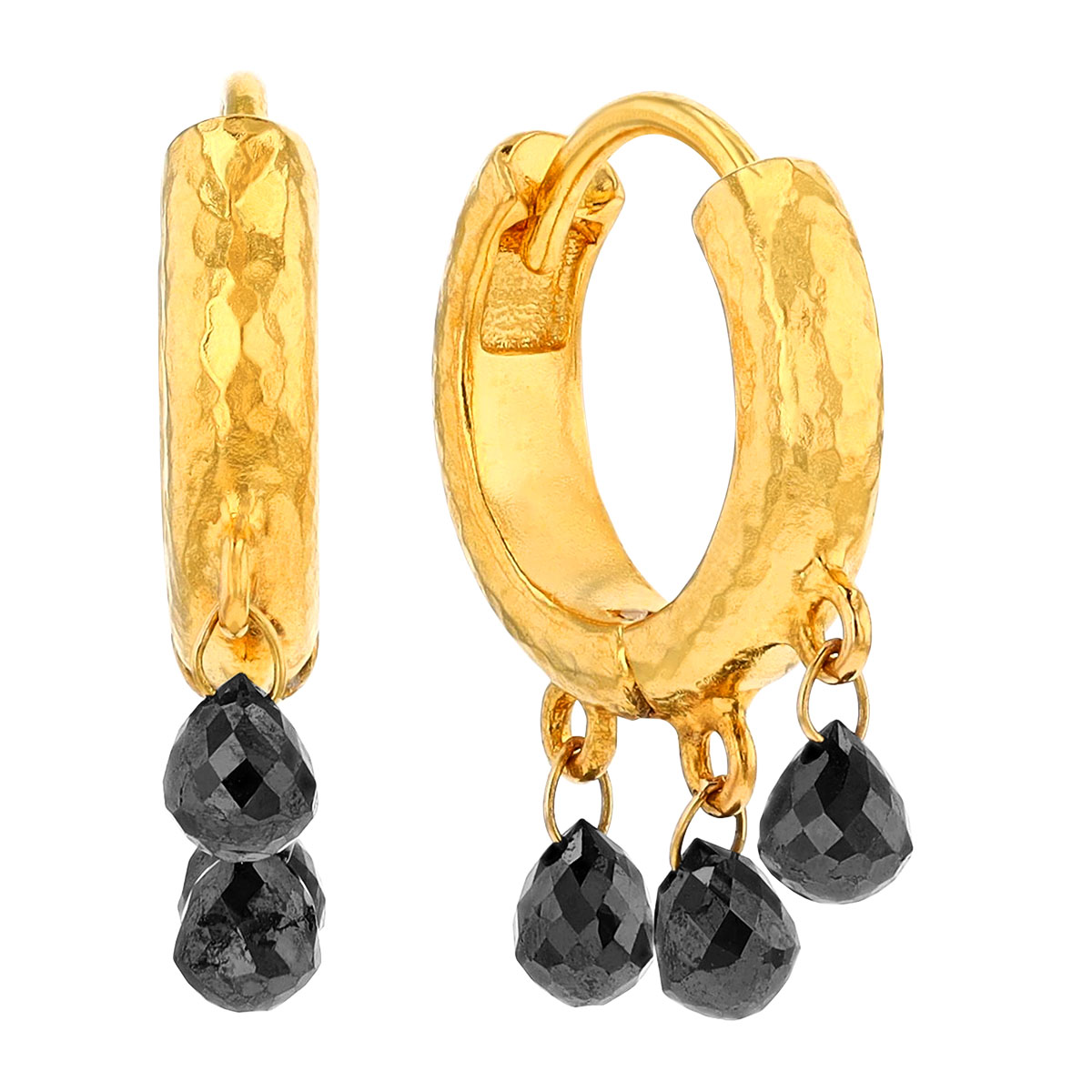 Gurhan Black Diamond Briolette Trio Dangle Huggie Hoop Earrings in Yellow Gold