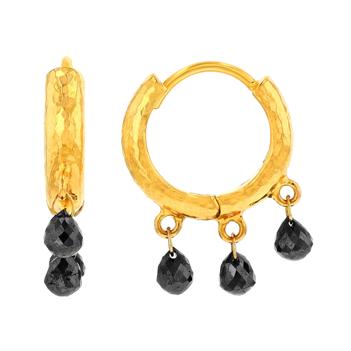 Gurhan Black Diamond Briolette Trio Dangle Huggie Hoop Earrings in Yellow Gold