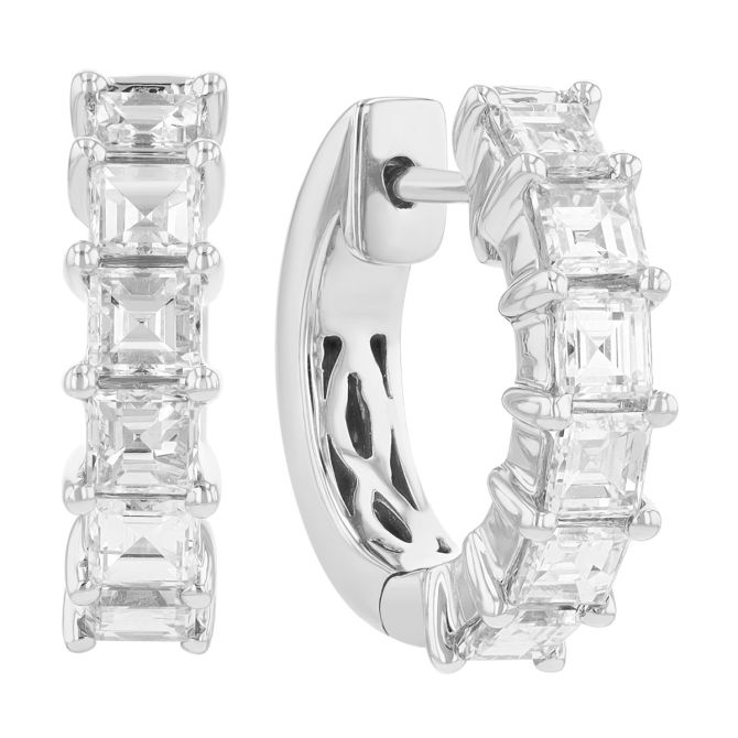 Asscher Cut Diamond Huggie Hoop Earrings in White Gold