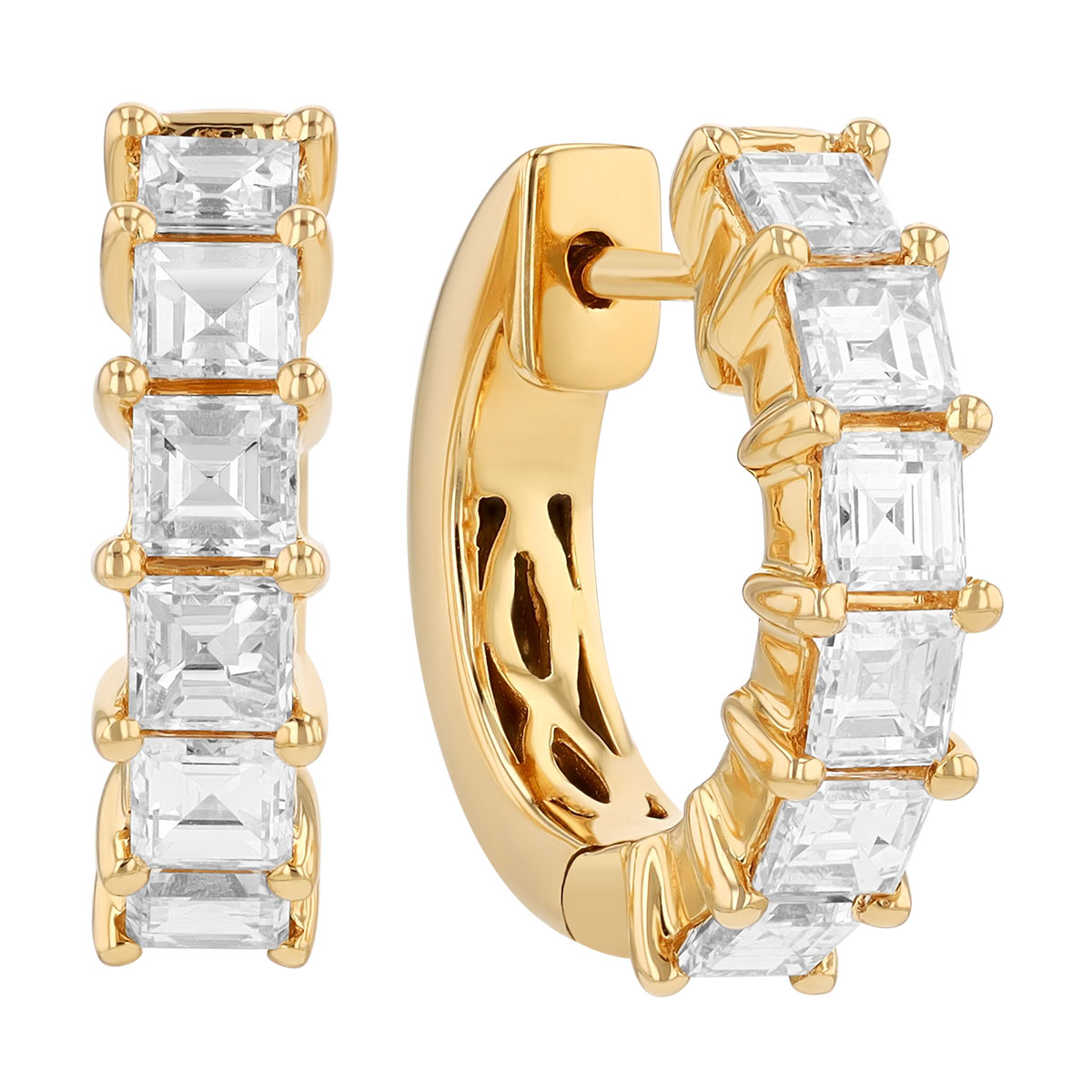 Asscher Cut Diamond Huggie Hoop Earrings in Yellow Gold
