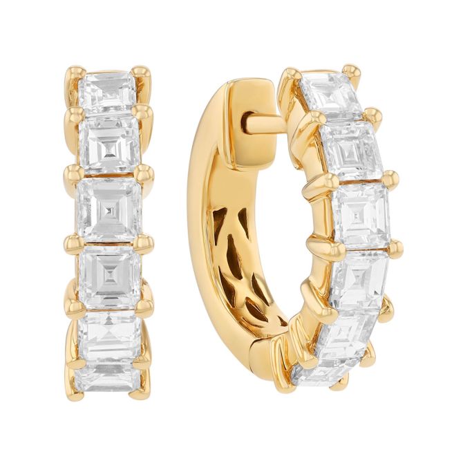 Asscher Cut Diamond Huggie Hoop Earrings in Yellow Gold
