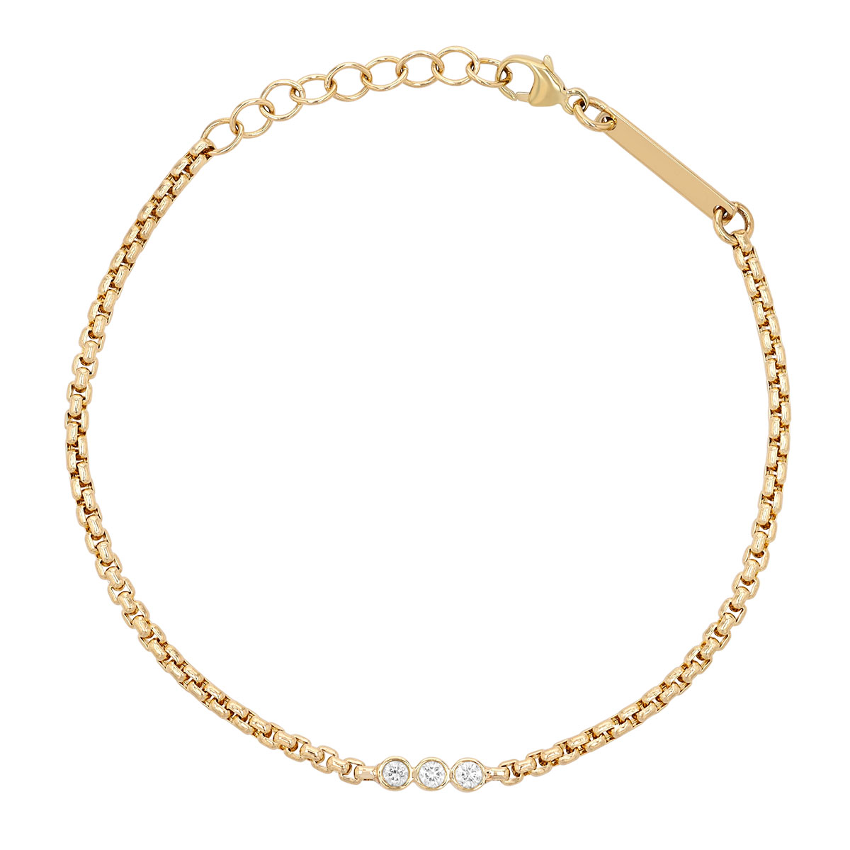 Zoe Chicco Bezel Set Diamond Trio & Box Chain Bracelet in Yellow Gold, 7