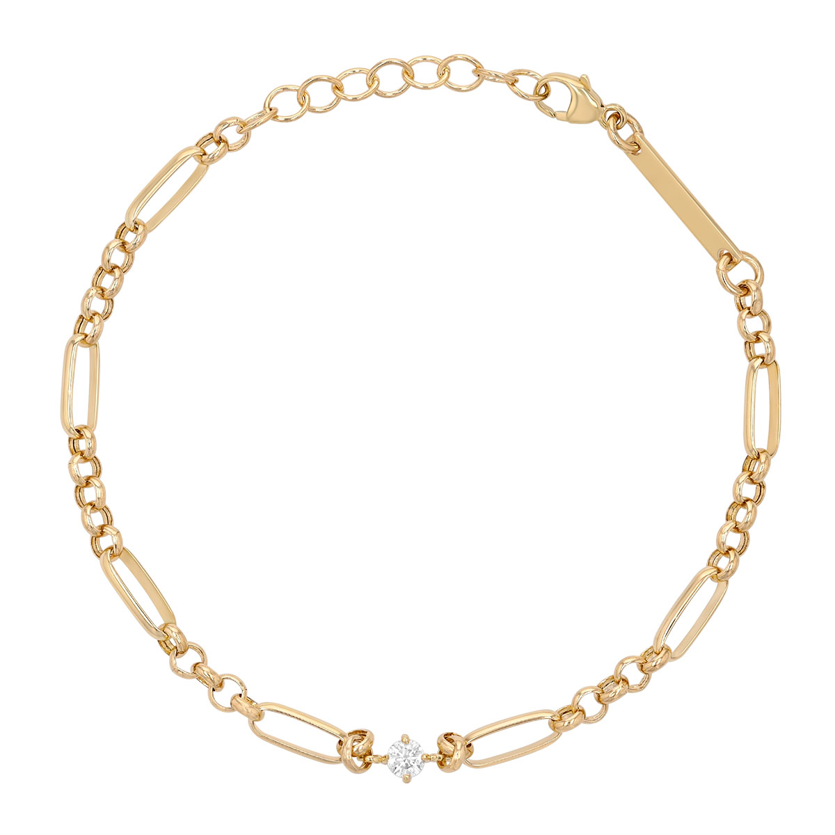 Zoe Chicco Single Round Diamond Paperclip & Rolo Chain Bracelet in Yellow Gold, 7