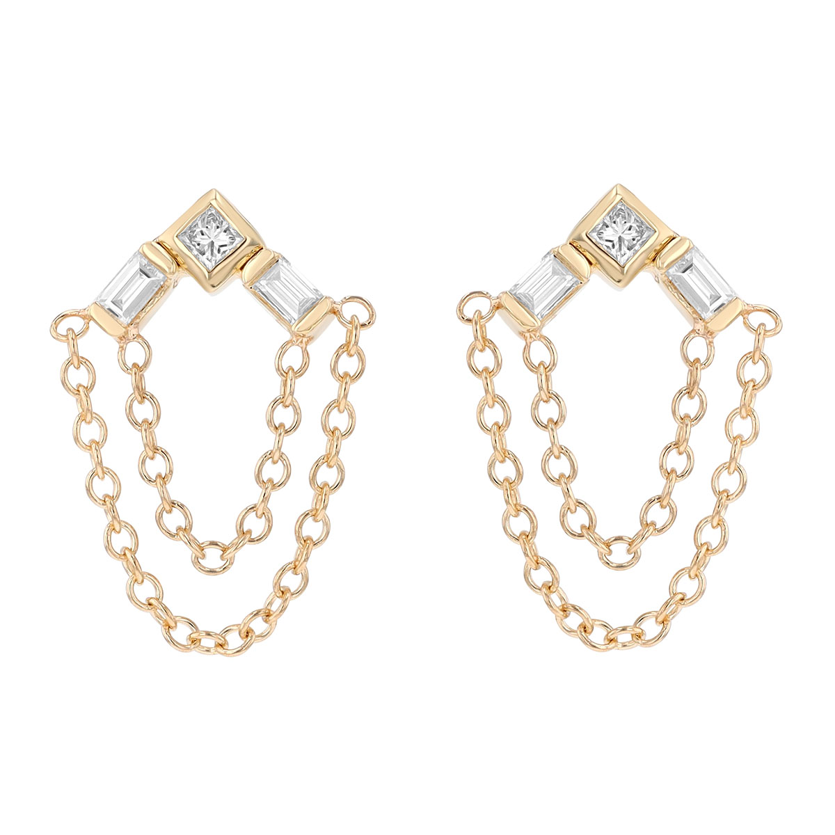 Zoe Chicco Diamond Trio & Double Looped Chain Earrings in Yellow Gold