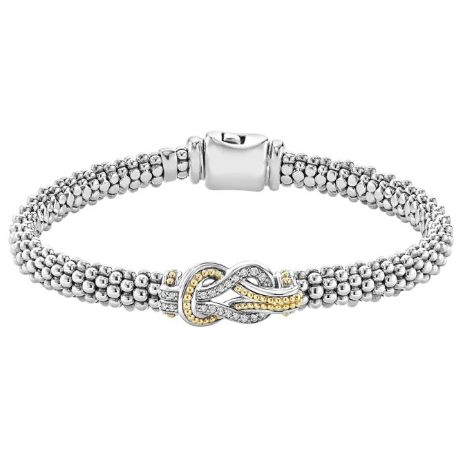 LAGOS Newport Diamond Knot Caviar Bracelet in Sterling Silver & Yellow Gold, 6.5"