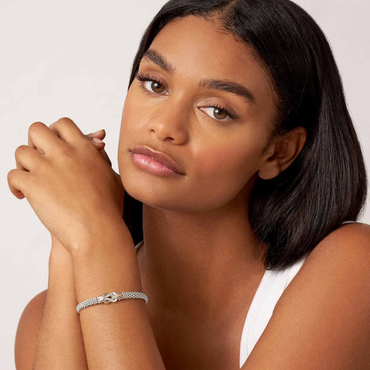 LAGOS Newport Diamond Knot Caviar Bracelet in Sterling Silver & Yellow Gold, 6.5