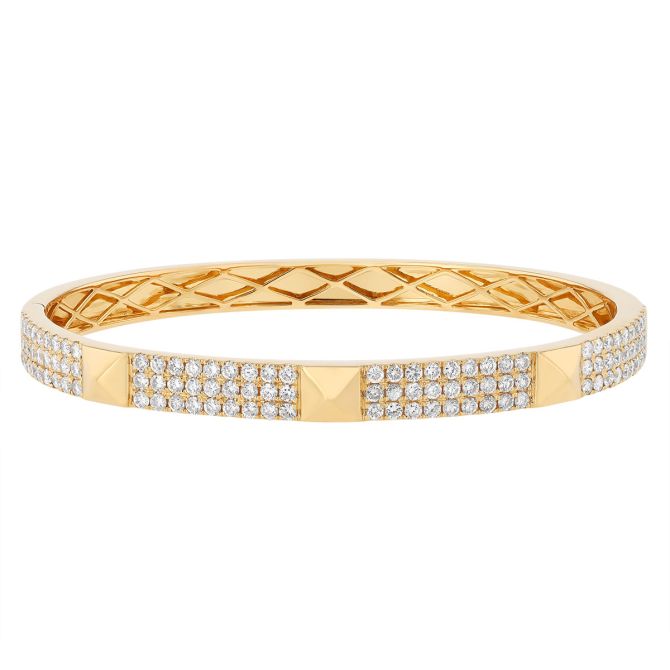 Diamond Pavé & Square Pattern Bangle Bracelet in Yellow Gold