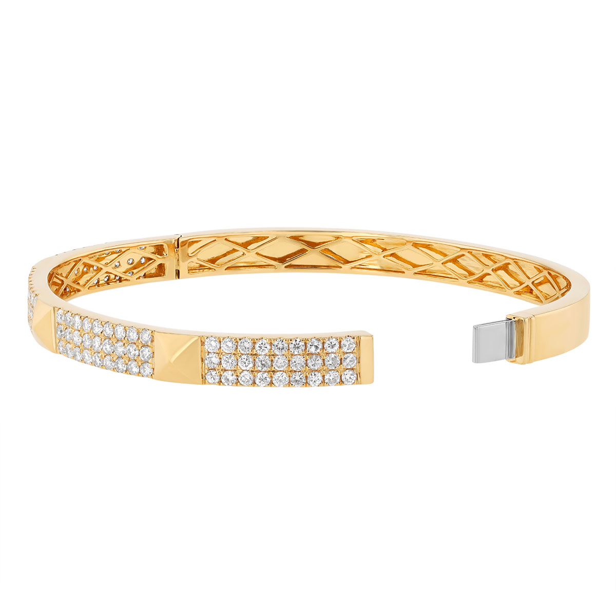 Diamond Pavé & Square Pattern Bangle Bracelet in Yellow Gold