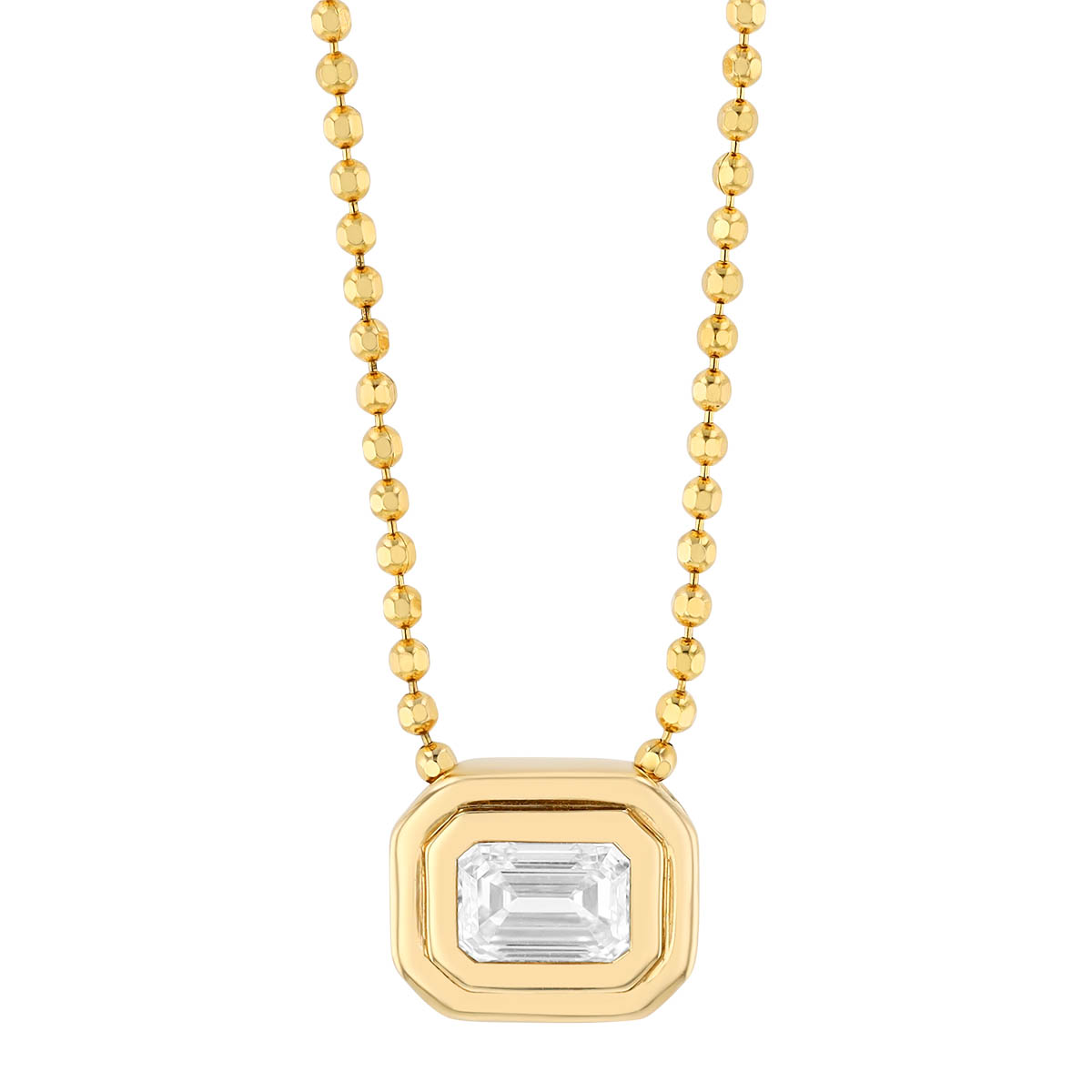 Bezel Set Emerald Cut Diamond Pendant in Yellow Gold, 16