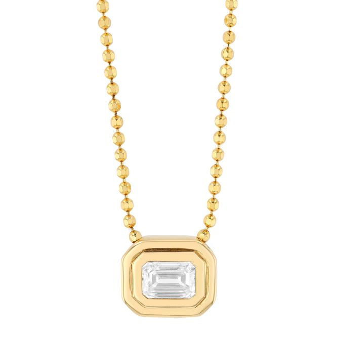 Bezel Set Emerald Cut Diamond Pendant in Yellow Gold, 16"