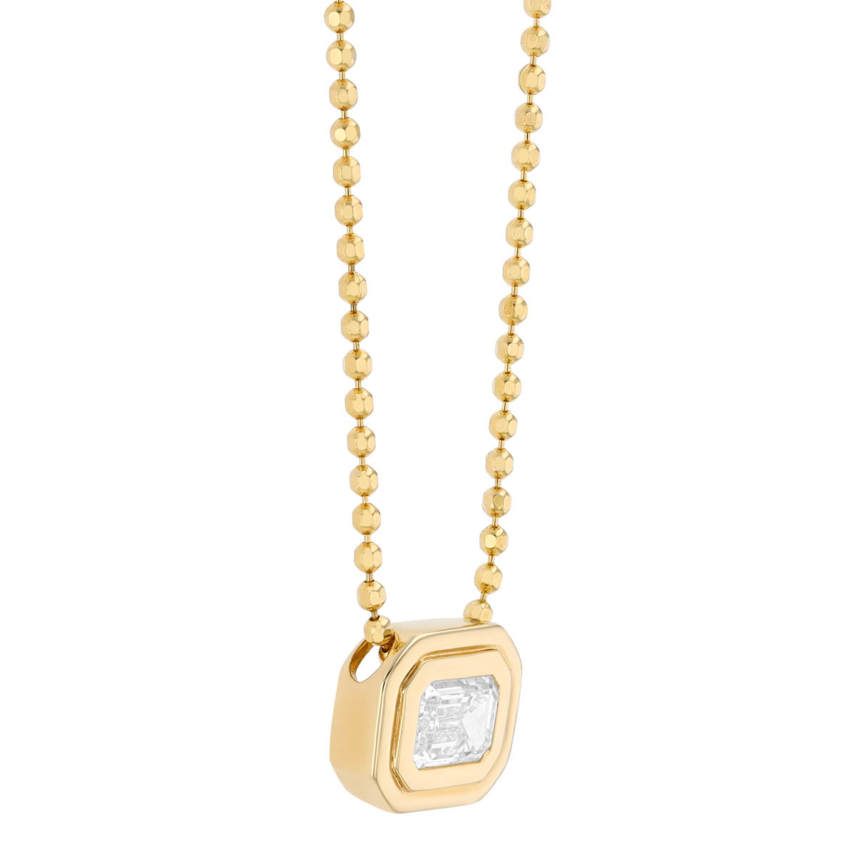 Bezel Set Emerald Cut Diamond Pendant in Yellow Gold, 16