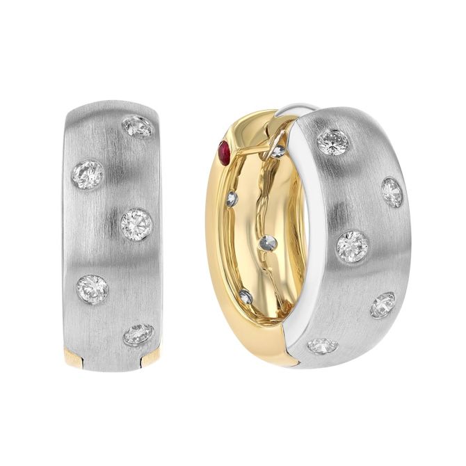 Roberto Coin Flush Set Diamond Huggie Hoop Earrings in Two Tone
