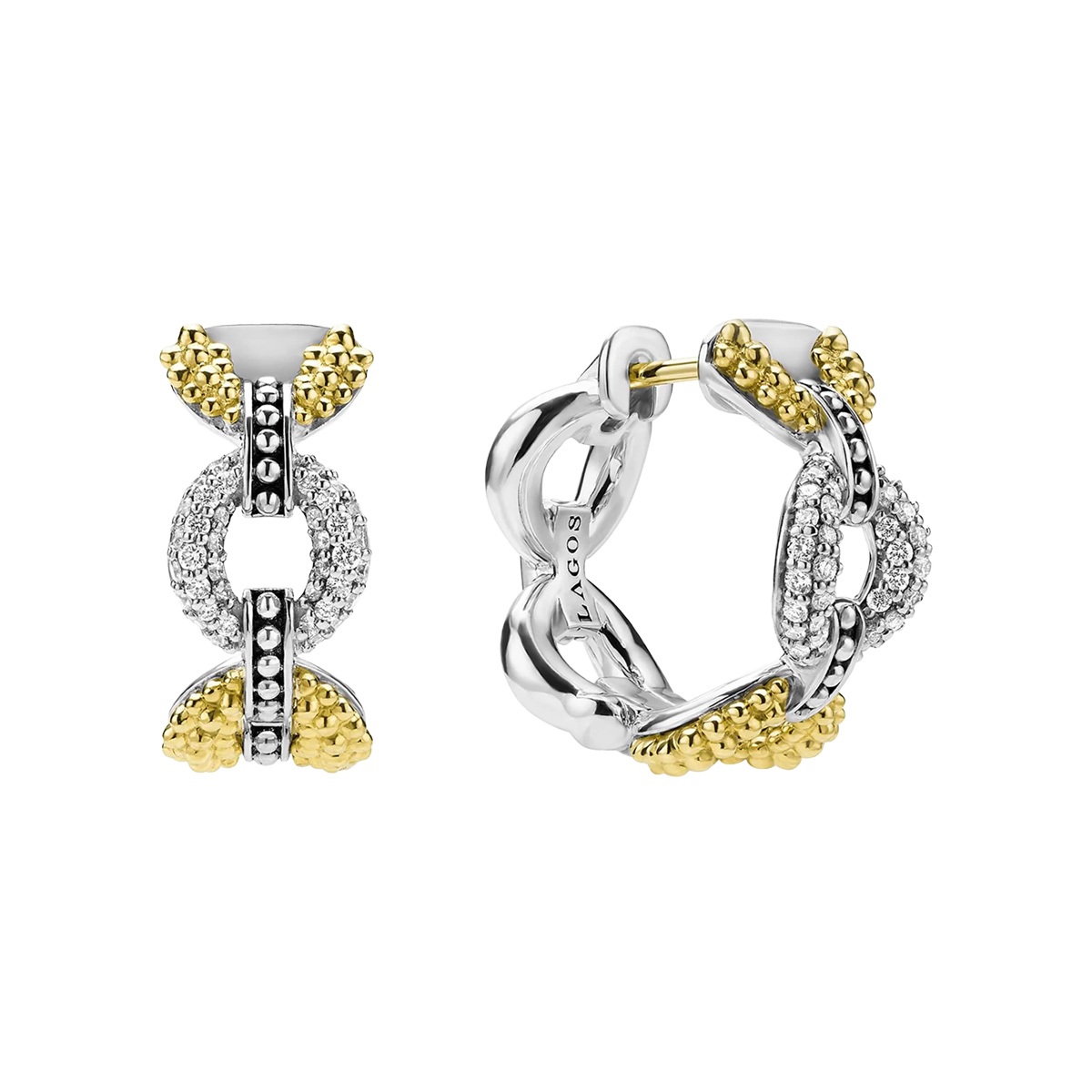 LAGOS Caviar Lux Diamond Petite Link Hoop Earrings in Yellow Gold & Sterling Silver, 7