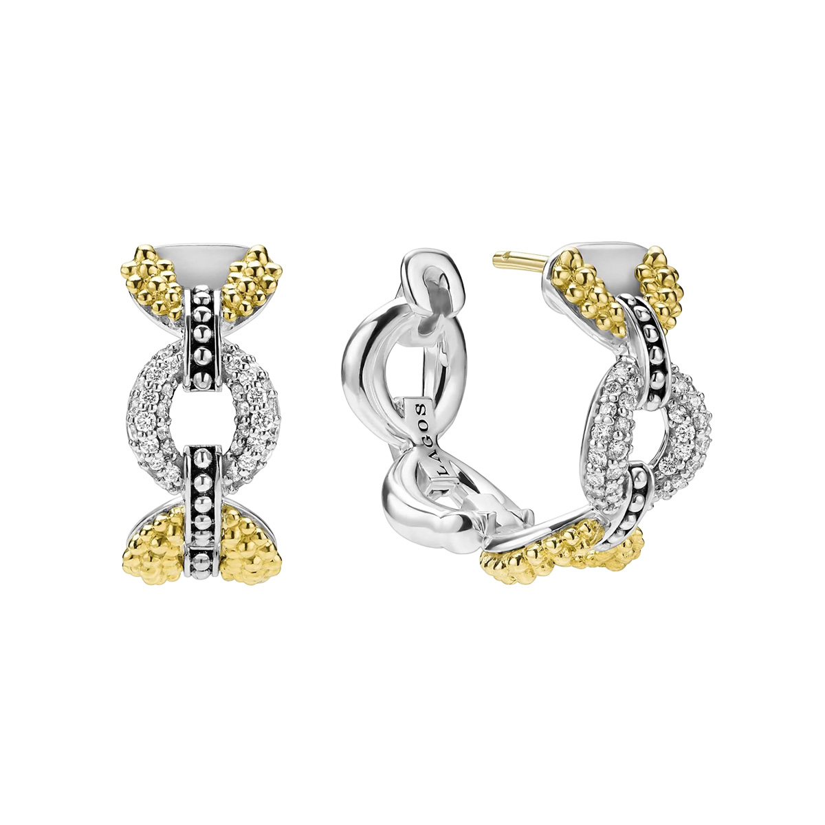 LAGOS Caviar Lux Diamond Petite Link Hoop Earrings in Yellow Gold & Sterling Silver, 7