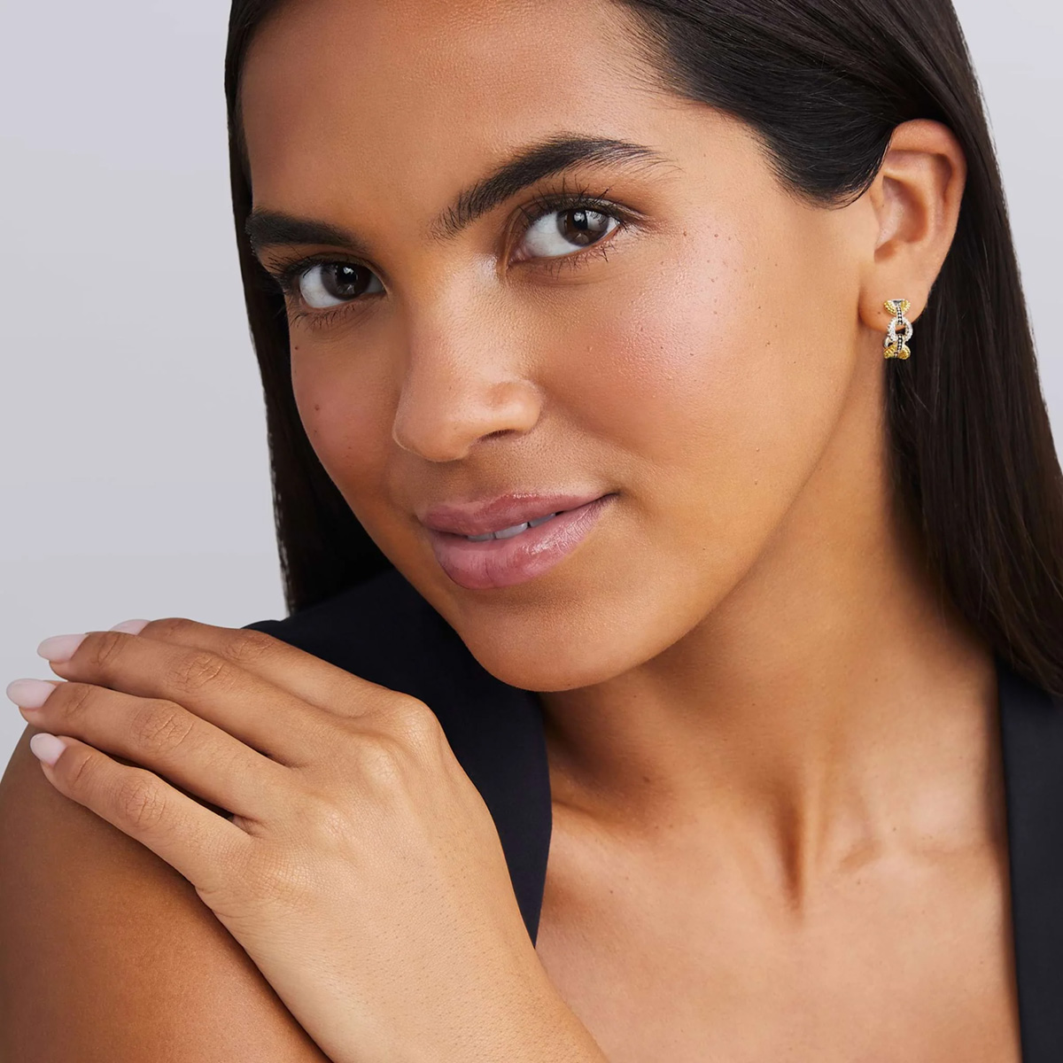 LAGOS Caviar Lux Diamond Petite Link Hoop Earrings in Yellow Gold & Sterling Silver, 7