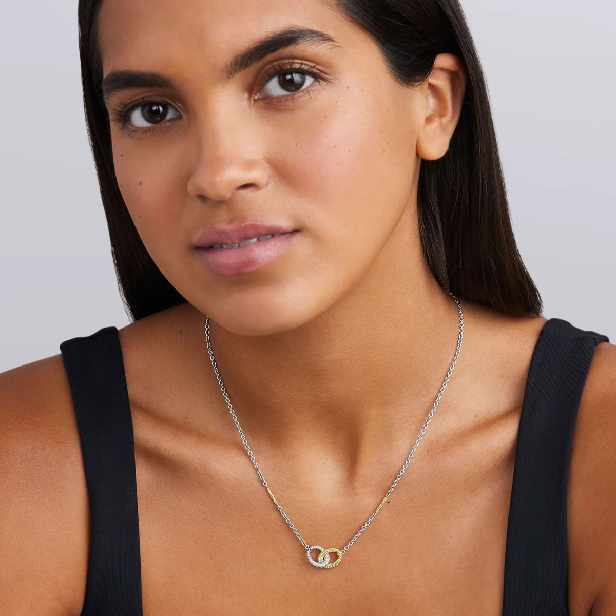 LAGOS Caviar Lux Diamond Link Necklace in Yellow Gold & Sterling Silver, 18