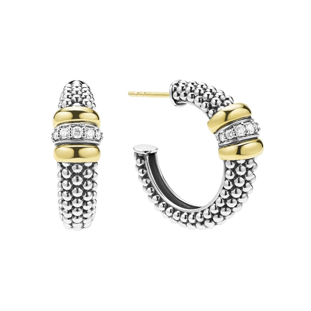 LAGOS Signature Caviar Diamond & Yellow Gold Station Beaded Hoop Earrings in Sterling Silver