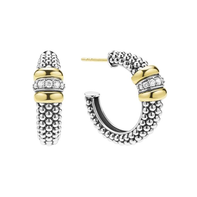 LAGOS Signature Caviar Diamond & Yellow Gold Station Beaded Hoop Earrings in Sterling Silver