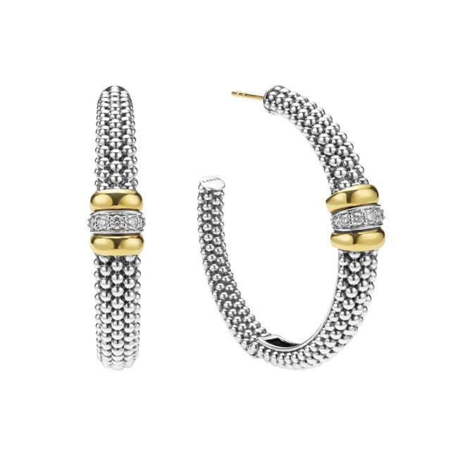 LAGOS Caviar Diamond Station Beaded Hoop Earrings in Sterling Silver & Yellow Gold