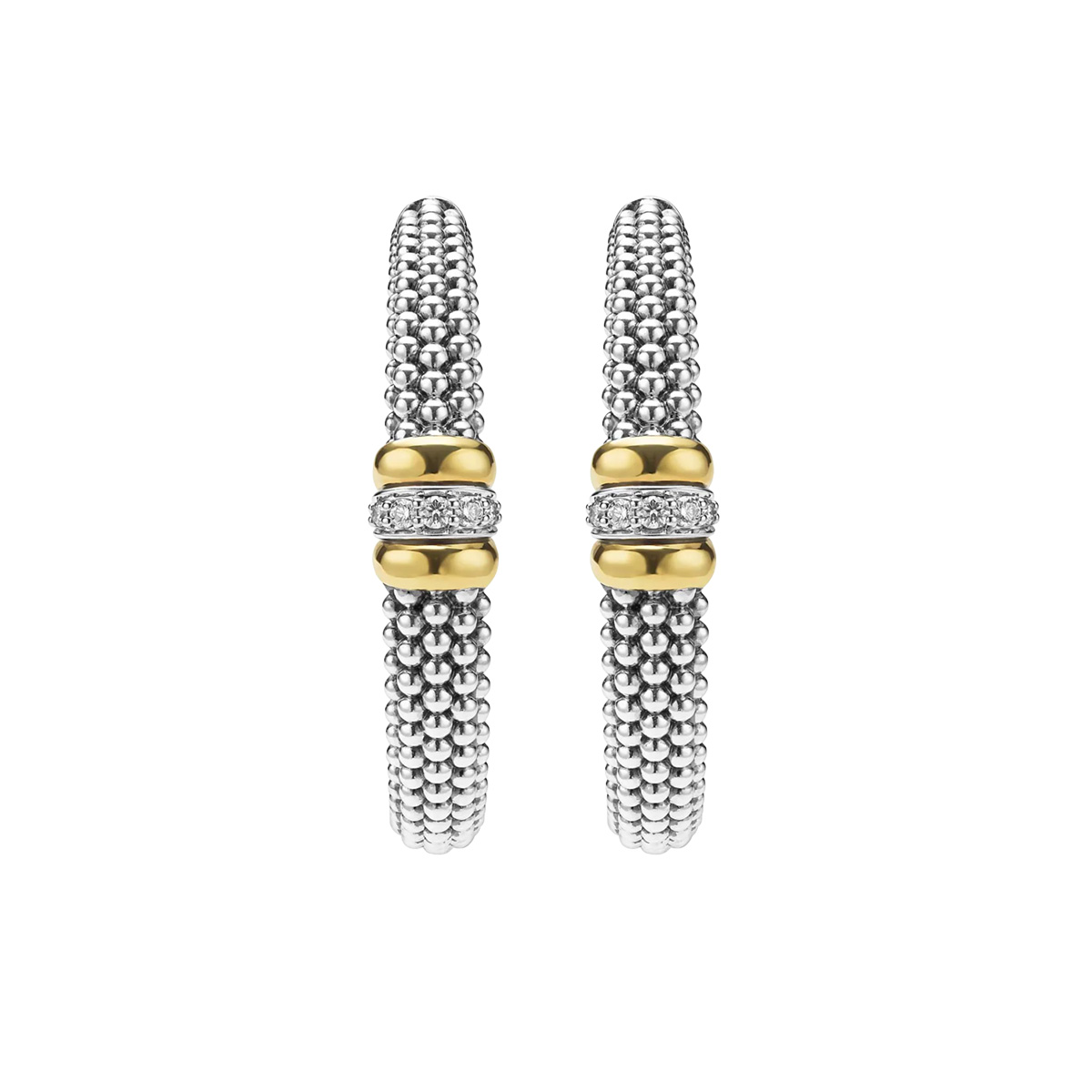 LAGOS Caviar Diamond Station Beaded Hoop Earrings in Sterling Silver & Yellow Gold