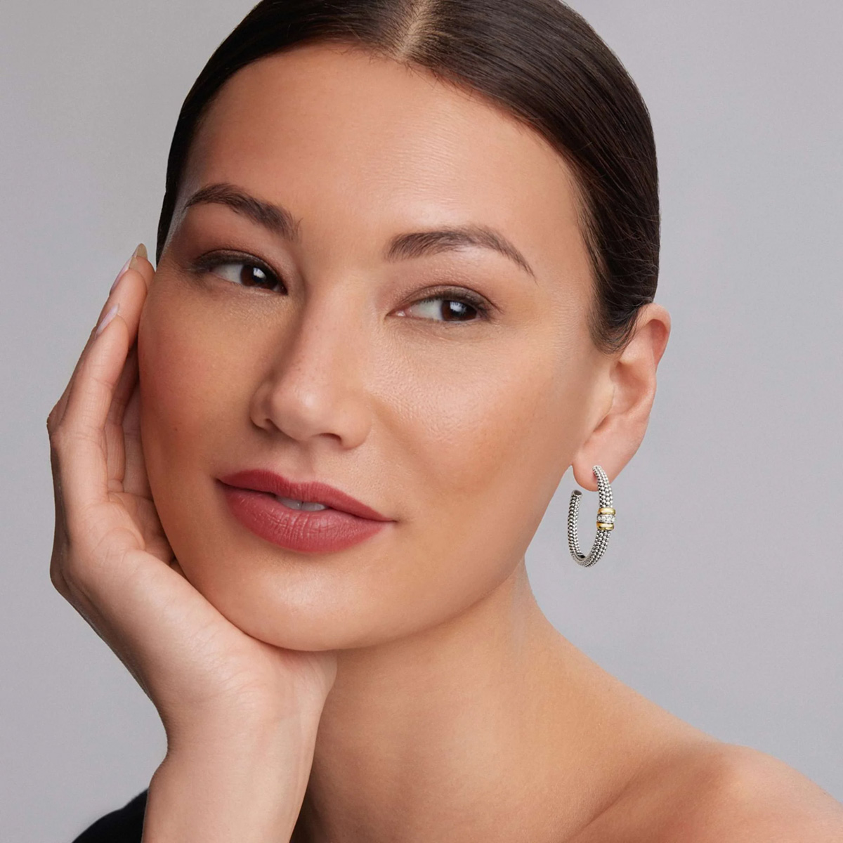 LAGOS Caviar Diamond Station Beaded Hoop Earrings in Sterling Silver & Yellow Gold