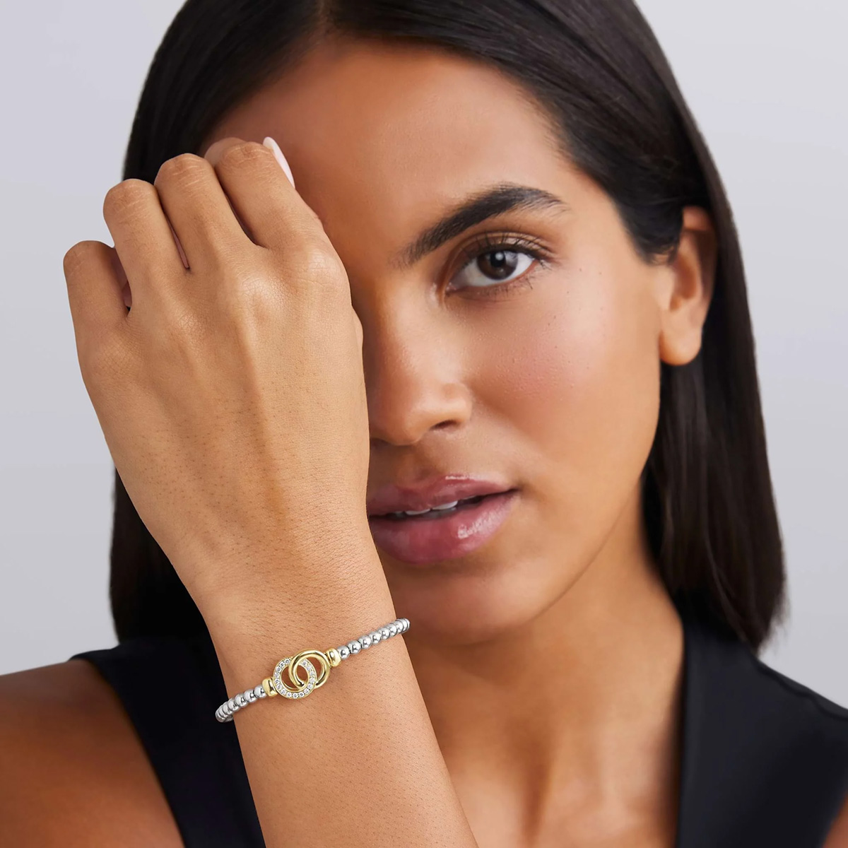 LAGOS Caviar Diamond Interlocking Stretch Bracelet in Sterling Silver & Yellow Gold