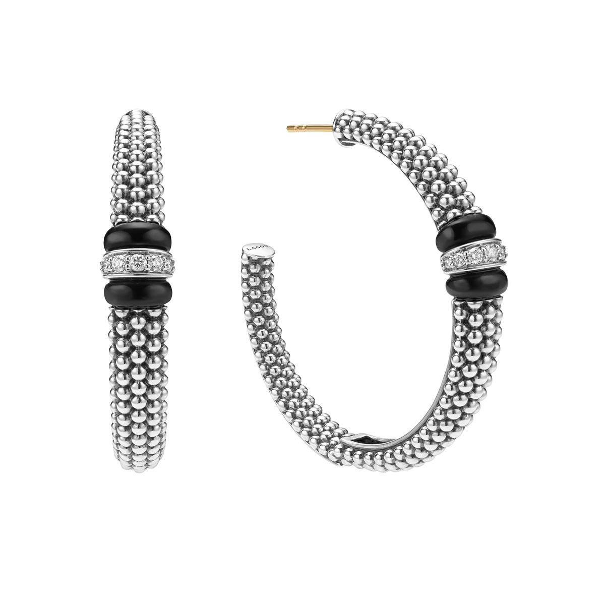 LAGOS Black Caviar Diamond Station Beaded Hoop Earrings in Sterling Silver & Black Enamel