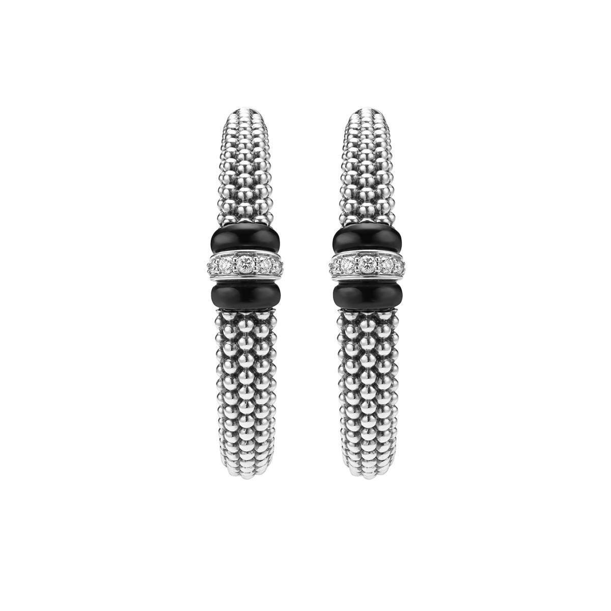 LAGOS Black Caviar Diamond Station Beaded Hoop Earrings in Sterling Silver & Black Enamel