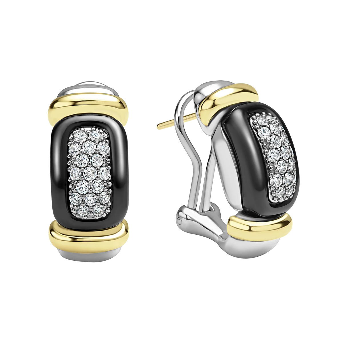 LAGOS Black Caviar Diamond Huggie Hoop Earrings in Sterling Silver, Yellow Gold, & Black Ceramic