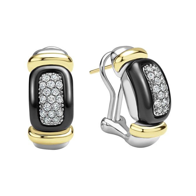 LAGOS Black Caviar Diamond Huggie Hoop Earrings in Sterling Silver, Yellow Gold, & Black Ceramic