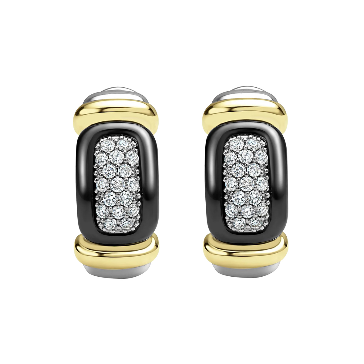 LAGOS Black Caviar Diamond Huggie Hoop Earrings in Sterling Silver, Yellow Gold, & Black Ceramic