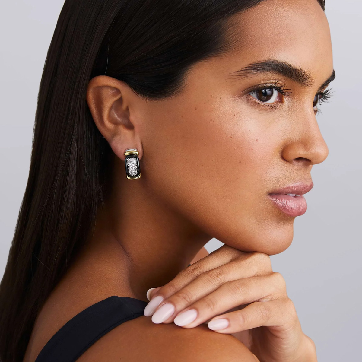 LAGOS Black Caviar Diamond Huggie Hoop Earrings in Sterling Silver, Yellow Gold, & Black Ceramic