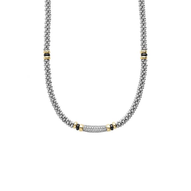 LAGOS Black Caviar Diamond Pavé Station Necklace in Sterling Silver, Yellow Gold, & Black Ceramic