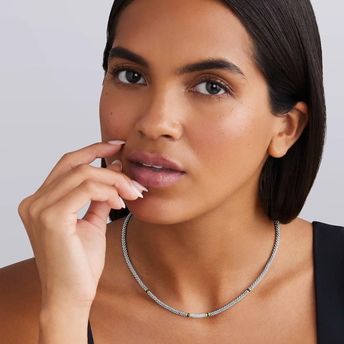 LAGOS Black Caviar Diamond Pavé Station Necklace in Sterling Silver, Yellow Gold, & Black Ceramic