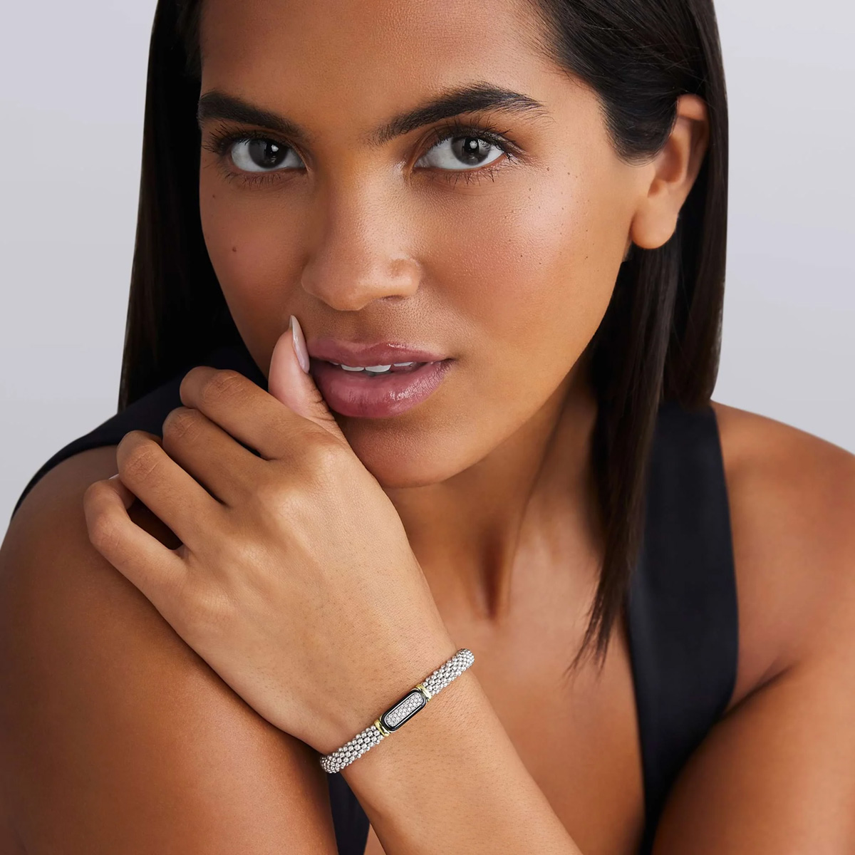 LAGOS Black Caviar Diamond Pavé Bracelet in Sterling Silver, Yellow Gold, & Black Ceramic, 6 mm