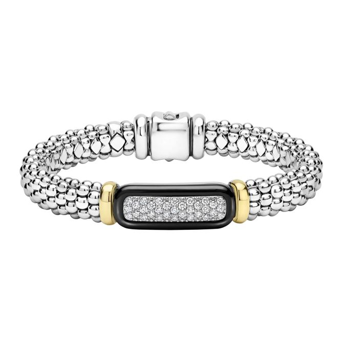 LAGOS Black Caviar Diamond Pavé Bracelet in Sterling Silver, Yellow Gold, & Black Ceramic, 9 mm